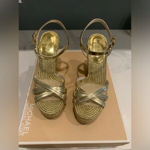 Michael Kors Metallic Gold wedge espadrille Heels size 6.5 new no box
